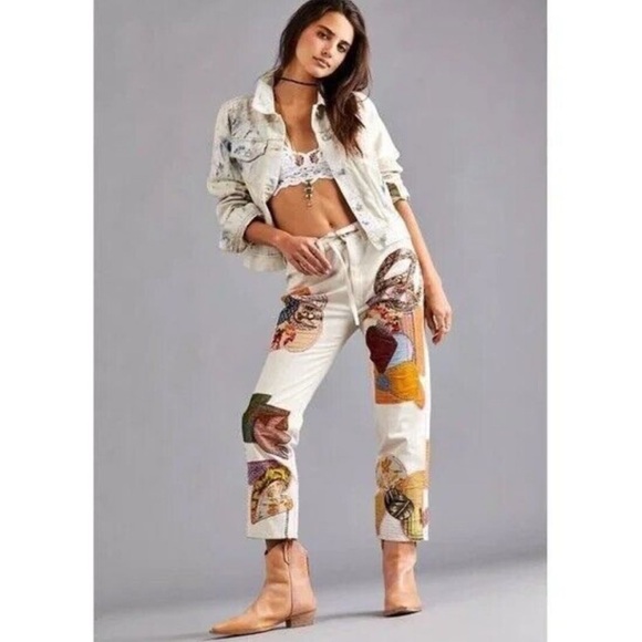 Free People Sunnies Patched Boyfriend Jeans Ivory Size 26 - Picture 3 of 12